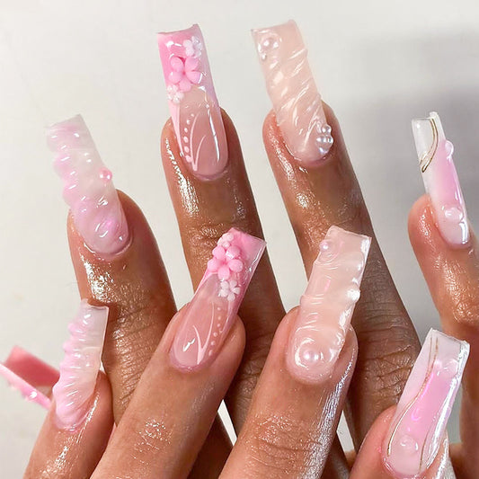 Spring Blossom Extra-Long Coffin Pink 3D Floral Embellished Press On Nail Set