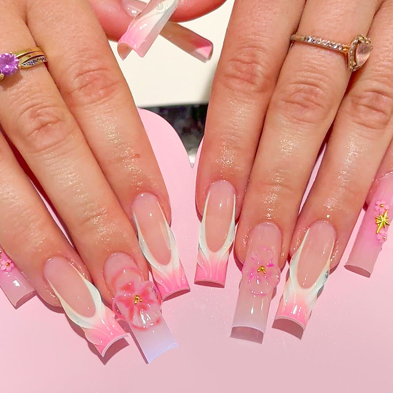 Blossom Dreams Long Square Pink Floral Press On Nail Set with Artistic Design