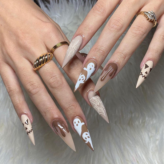 Spooky Chic Long Stiletto Beige and Brown Halloween Ghost and Spiderweb Press-On Nail Set