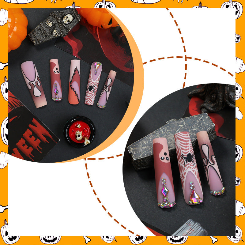 Spooky Season Long Coffin Slim Pink and Orange Nail Set with Unique Gemstone Accents and Halloween Designs