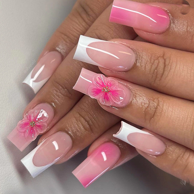 Floral Fantasy Long Square Pink Ombre Press On Nail Set with Stunning Flower Accent