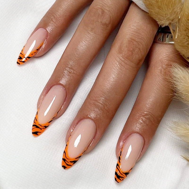 Wild Jungle Inspired Long Almond Orange and Black Tiger Print Press On Nail Set