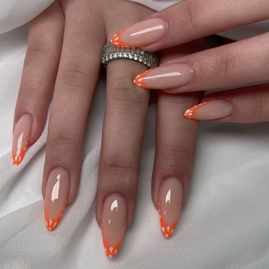 Vibrant Summer Sunset Long Almond Orange Tips Press On Nail Set with Fun Dotted Accents