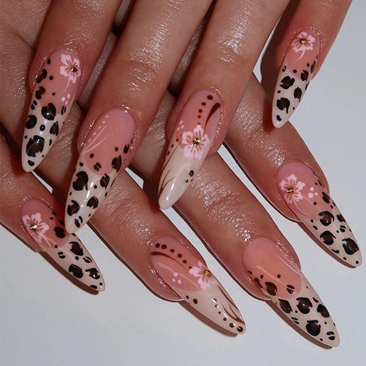 Safari Chic Long Almond Pink and Beige Press On Nail Set with Floral and Animal Print Accents