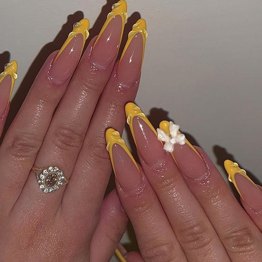 Sunshine Vibes Long Almond Yellow and Beige Press On Nail Set with Floral Accents