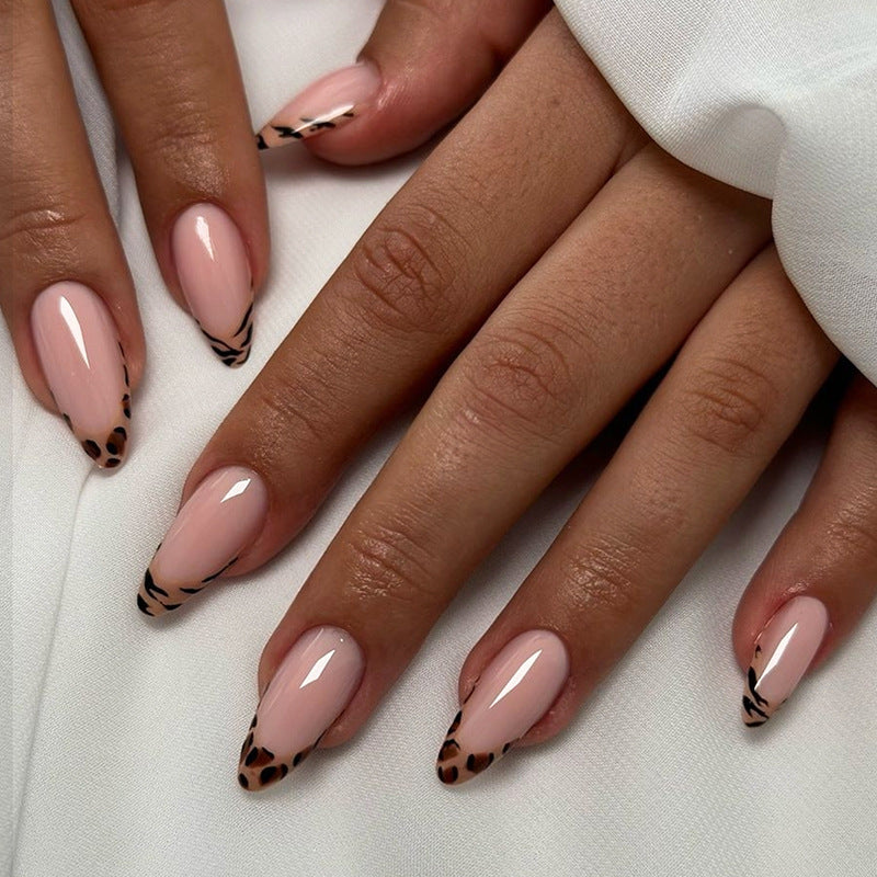 Wild Safari Medium Almond Pink Press On Nails with Leopard Tips for a Stylish Finish