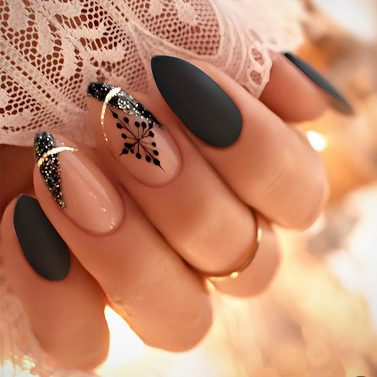 Gothic Elegance Short Almond Black and Glittery Gold Press on Nail Set with Intricate Floral Design