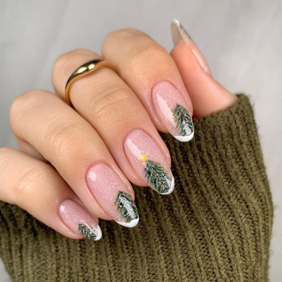 Winter Wonderland Long Almond Green Glittery Press On Nail Set with Elegant Pine Tree Design