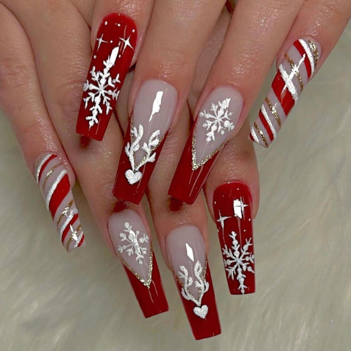 Winter Wonderland Long Coffin Shape Red and White Press On Nail Set with Glitter Snowflake Accents