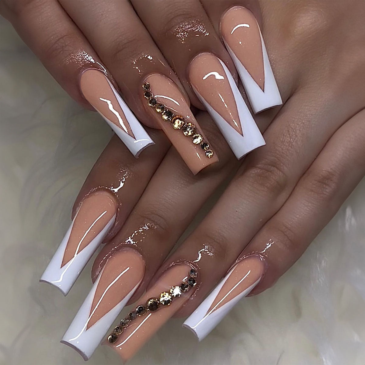 Glamorous Sunset Dream Long Square Beige and White Press On Nail Set with Glimmering Accents