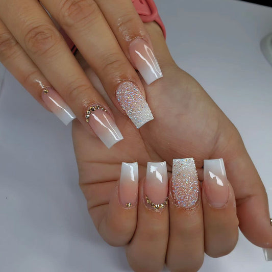 Glamorous Crystal Dream Long Coffin Shaped Beige and White Press On Nail Set with Sparkling Accent Gems