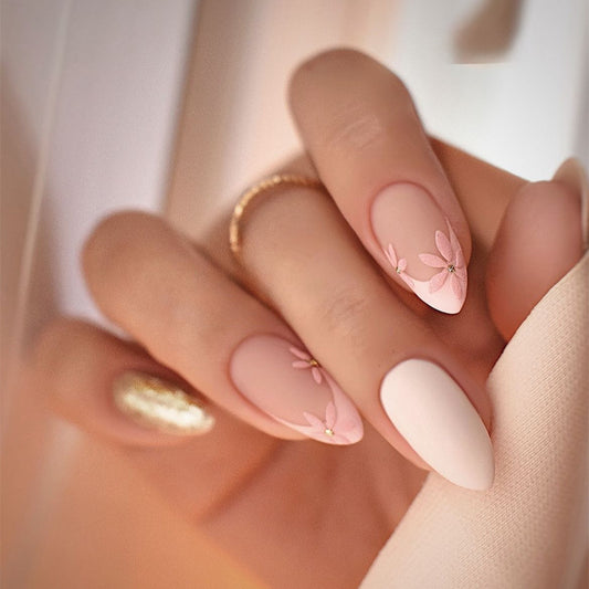 Spring Blossom Extra-Long Almond Pale Pink Press On Nail Set with 3D Floral Art Design