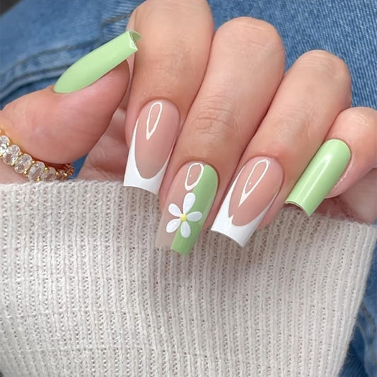 Spring Blossom Extra Long Coffin Green and White Press On Nail Set with Cute Flower Design