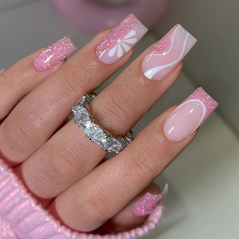 Sweet Romance Long Square Pink Glitter Press On Nail Set with Unique Floral and Swirl Designs