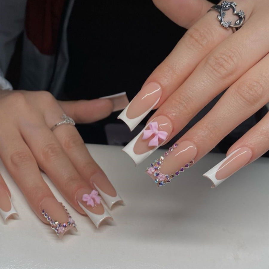 Spring Blossom Collection Extra Long Square Beige and White Press On Nail Set with Rhinestone Accents and Floral Embellishments