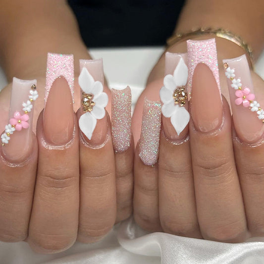 Spring Blossom Collection Long Square Pink Glitter Embellished Press On Nail Set with Floral Accents