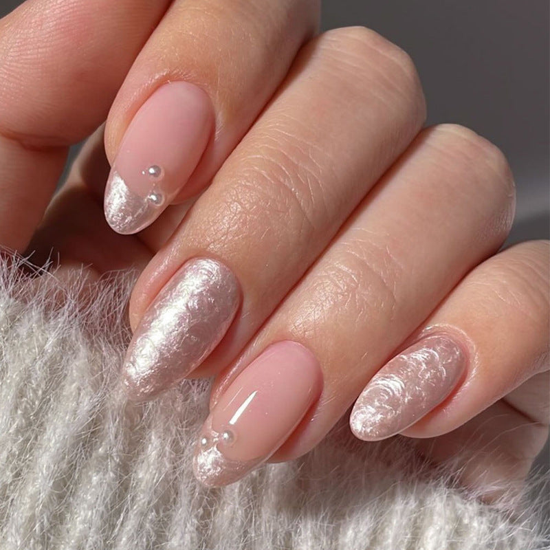 Winter Elegance Long Oval Pink and Silver Glitter Accent Press On Nail Set with Rhinestone Embellishments