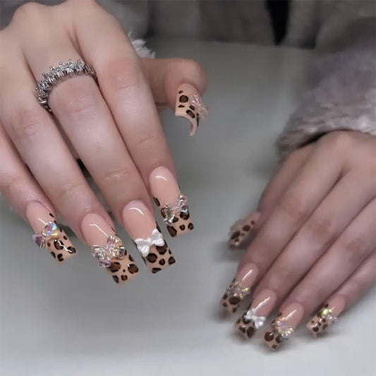 Wild Safari Extension Long Square Shaped Natural Beige and Leopard Print Press On Nail Set with Rhinestone Butterfly Accents