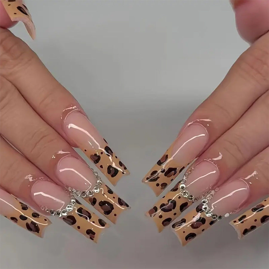 Wild Leopard Glam Long Square Press On Nail Set in Beige and Brown with Stunning Rhinestone Accents