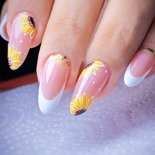 Sunflower Bliss Long Almond Pink and White Press On Nail Set with Gold Accents and Floral Design