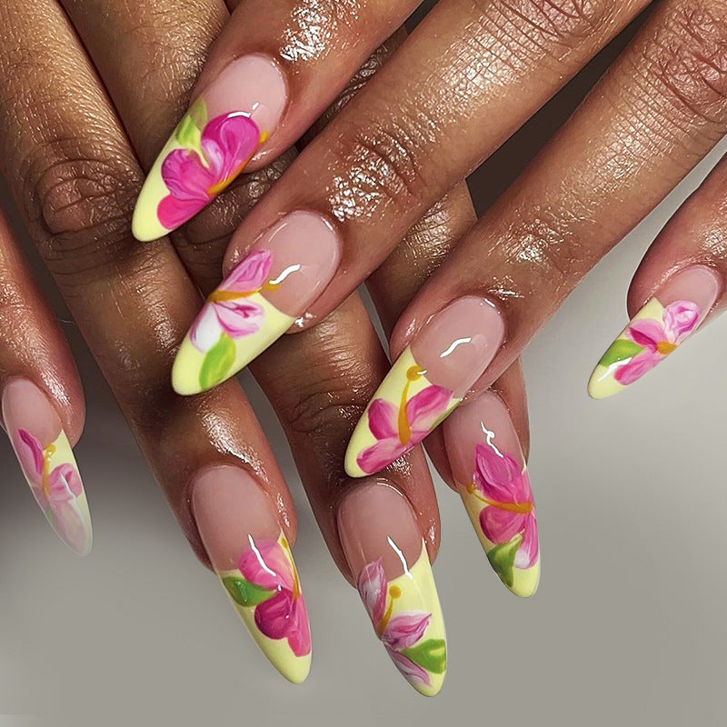 Tropical Elegance Long Stiletto Pastel Yellow Press On Nail Set with Floral Accents