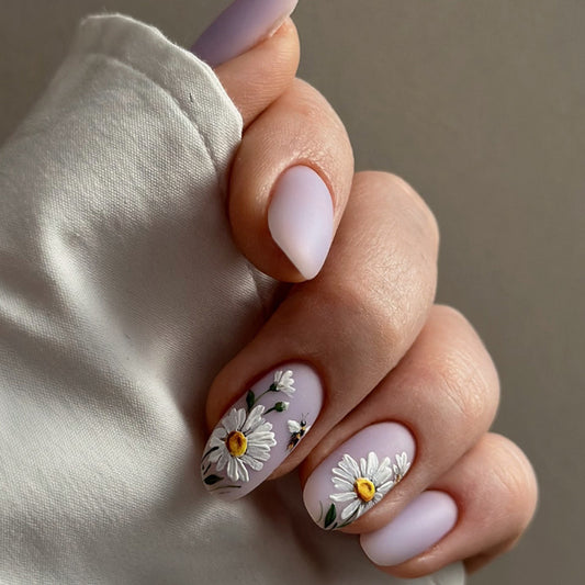 Spring Blossom Collection: Medium Length Oval Lavender Press On Nails with Hand-Painted Daisy Design