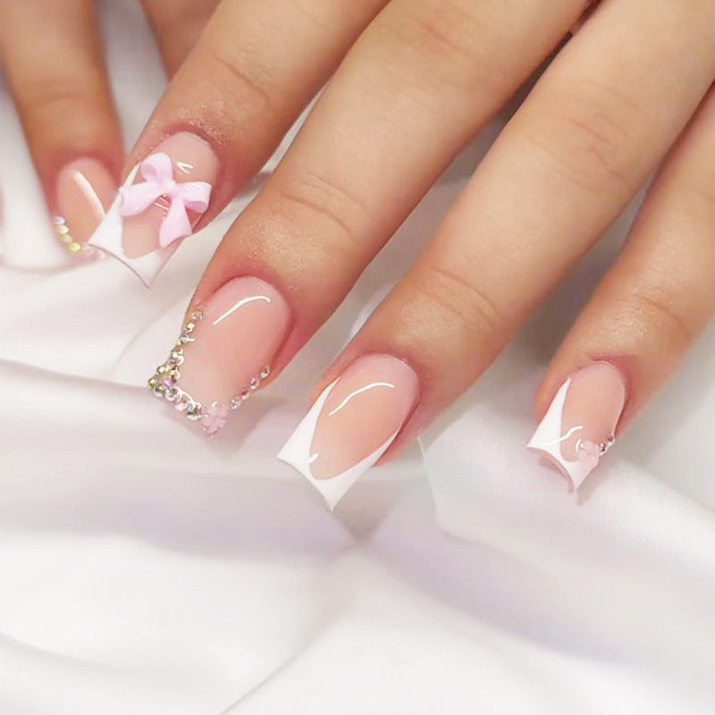 Chic Pastel Elegance Long Square Pink and White Press On Nail Set with Charming Bow and Rhinestone Accents