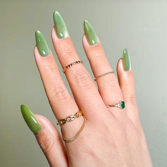 Nature's Serenity Long Green Almond Press On Nail Set with Ombre Fade Finish