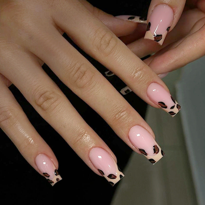 Wild Safari Chic Long Square Blush Pink Leopard Print Press On Nail Set