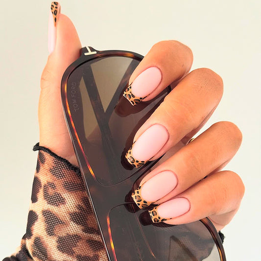 Wild Safari Glam Long Coffin Pink Nails with Leopard Print Tips for Bold Style