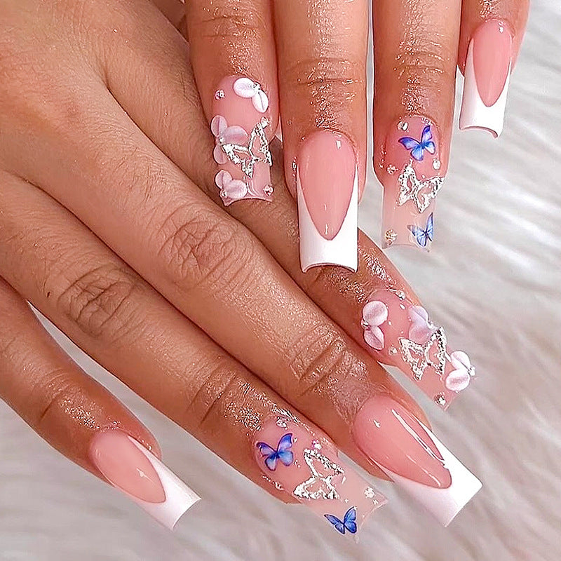 Spring Fantasy Long Square Pink and White Ombre Press On Nail Set with 3D Butterfly Accents