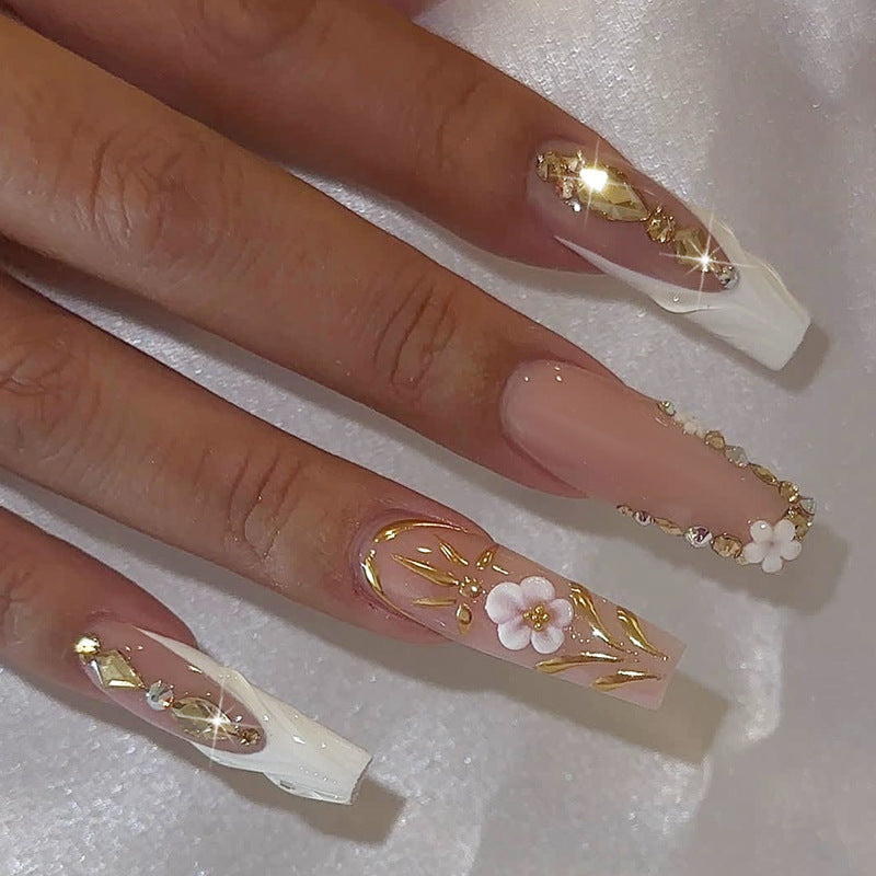 Glamorous Floral Dream Long Coffin Beige and White Nail Set with Gold Accents and Delicate Flower Embellishments