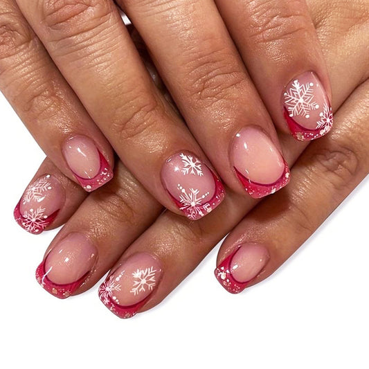 Winter Wonderland Elegant Short Square Pink Snowflake Press-On Nail Set