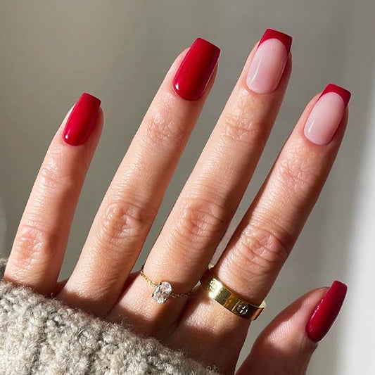 Romantic Valentine-Inspired Medium Square Red Nails with Beige Color Block Accent