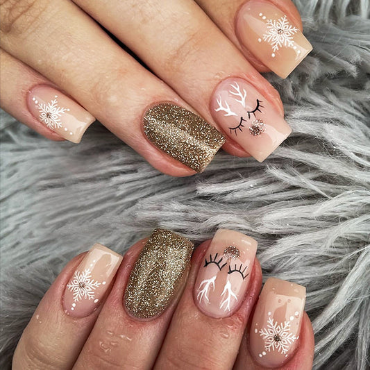 Winter Wonderland Glamour Medium Square Beige and Sparkling Gold with Whimsical Snowflake Designs Nail Set