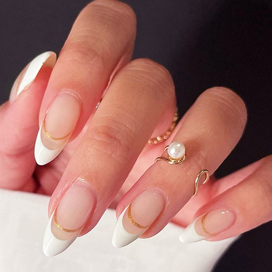 Elegant Enchantment Long Almond White Press On Nails with Gold Accent Detail