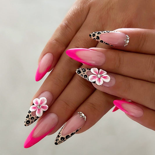 Wildflower Elegance Long Almond Pink and Leopard Print Press on Nail Set with Floral Accent