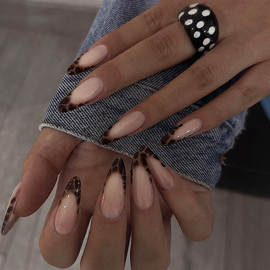 Stylish Wilderness Long Stiletto Brown Gradient Press on Nail Set with Unique Leopard Tip Design