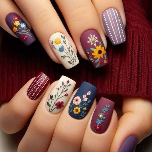 Floral Dream Long Square Burgundy Cream and Navy with Intricate Botanical Designs Press on Nail Set