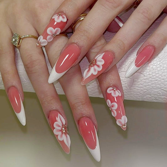 Blossom Elegance Long Stiletto Pink and White Floral Press On Nail Set with Glittering Accent