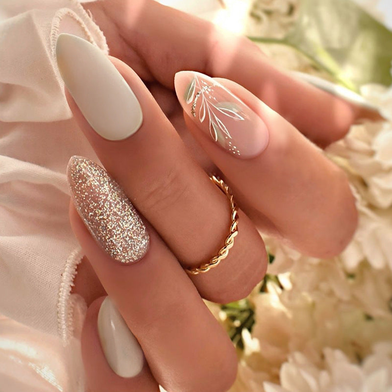 Elegant Garden Blossom Medium Almond Shape Soft Beige and Sparkling Glitter with Artistic Floral Design Press-On Nail Set