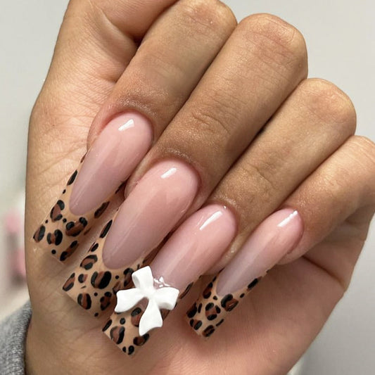 Wild Safari Long Square Beige with Leopard Tips and Charming Bow Press On Nail Set