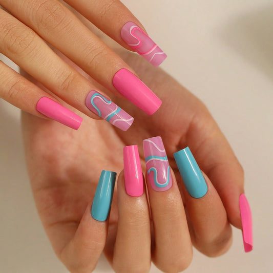 Vibrant Ocean Waves Long Coffin Pink and Blue Press On Nail Set with Swirl Design