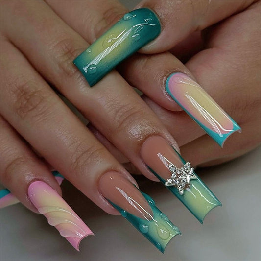 Ocean Sunset Extra Long Square Press On Nails Gradient Teal and Beige with Star Charm and Glossy Water Droplets