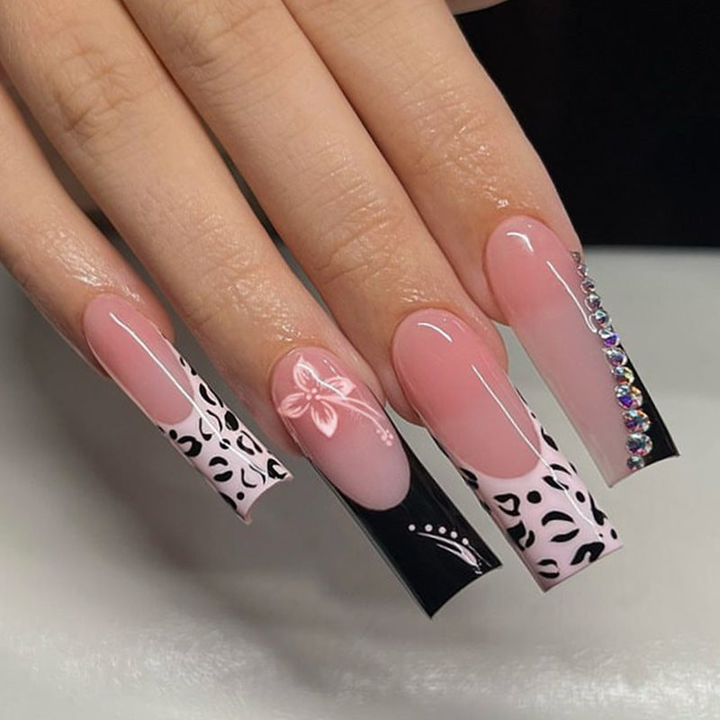 Wild Glam Long Square Shape Pink and Black Press On Nails with Leopard Print and Rhinestone Accents