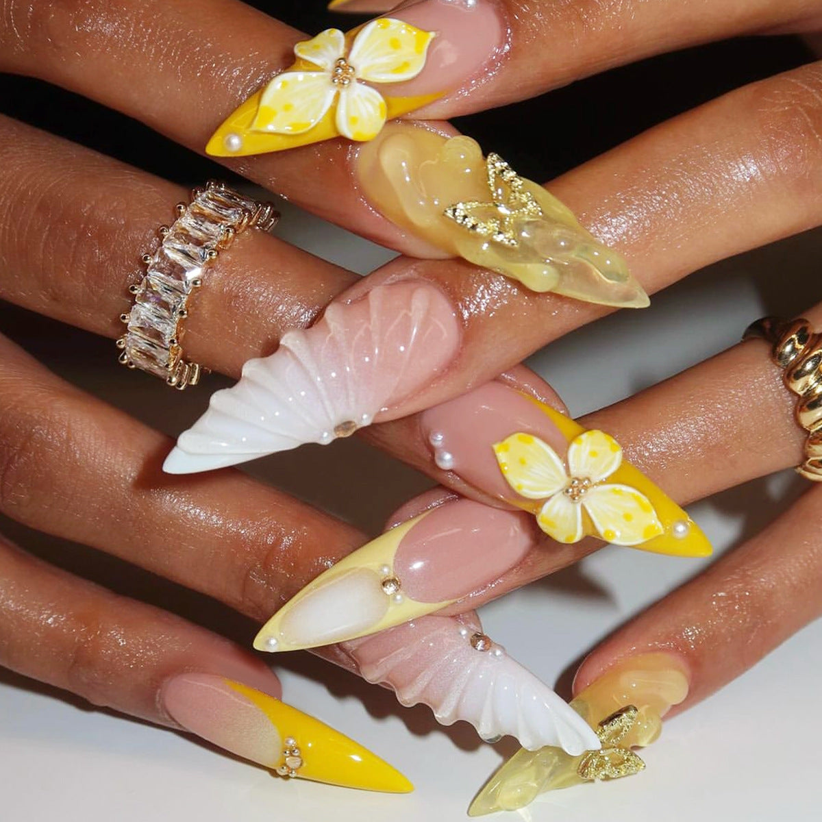 Tropical Paradise Long Stiletto Yellow Press On Nail Set with Butterfly and Floral Designs