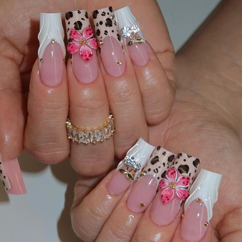 Tropical Paradise Long Square Press On Nails in Pink and White with Floral and Glitter Accents