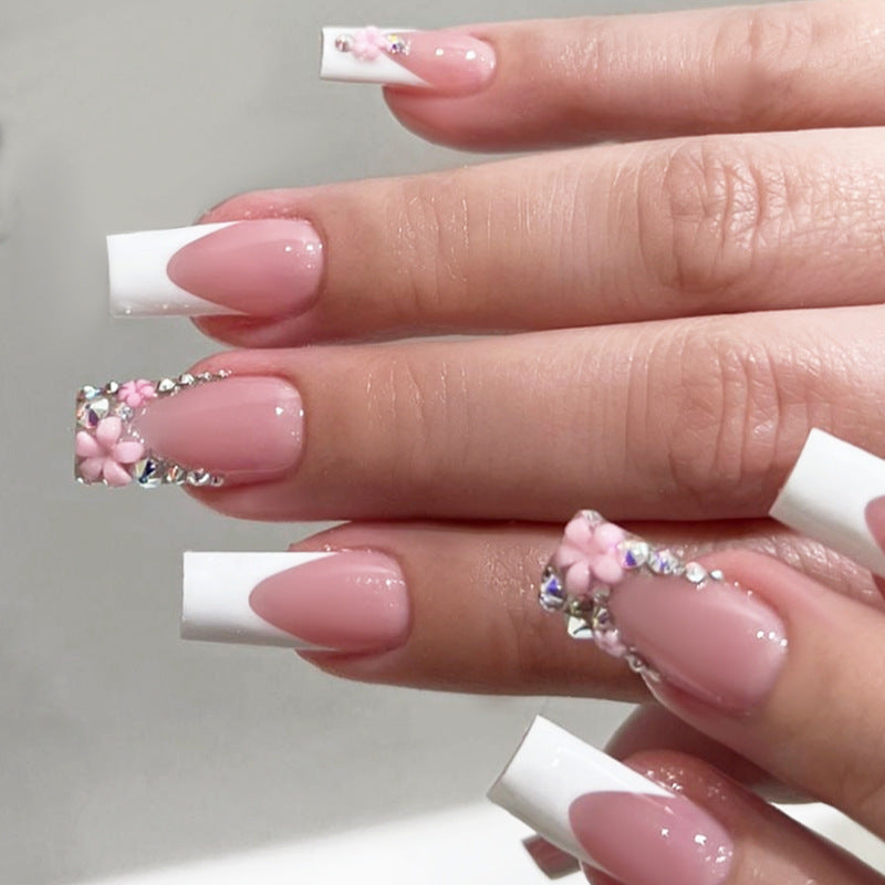 Floral Elegance Long Square Pink and White Press On Nail Set with Charming Flower Decor and Glitter Accents