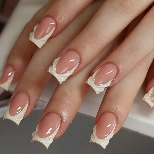 Elegant Blossom Long Square Shaped Neutral Pink and White Press On Nail Set with Unique Textured Tips