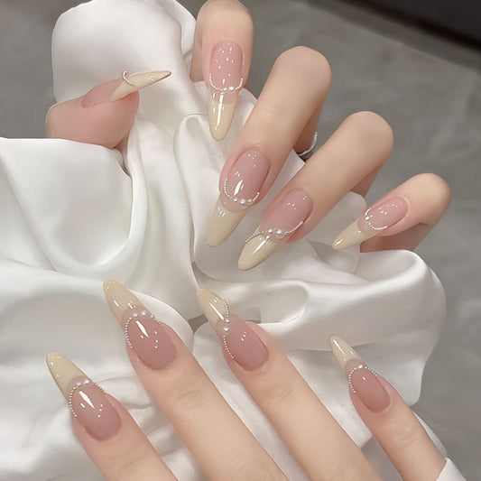 Elegant Serenity 12 Long Almond Natural Beige and Pink Press On Nail Set with Pearl Accent Design